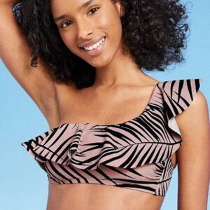 Kona Sol Bikini Top Bathing Suit One Shoulder Padded Black Tan Leaf